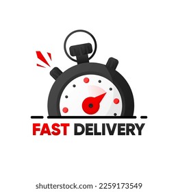 Fast Delivery. Red banner with clock and fast delivery inscription. Banner for retail, delivery, shop, social media, advertising. Modern design. Vector illustration.
