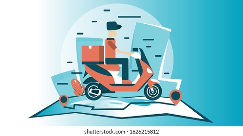 Fast delivery scooter design vector banner. delivery box