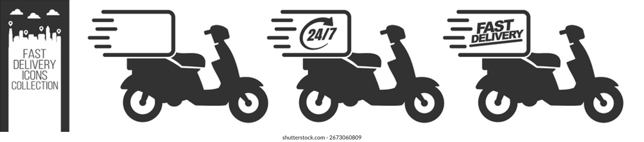 Icono de la vespa de la entrega rápida, símbolo expreso de la motocicleta del mensajero, vehículo del servicio de envío, paquete de la orden de la comida, Ilustración vectorial en fondo transparente