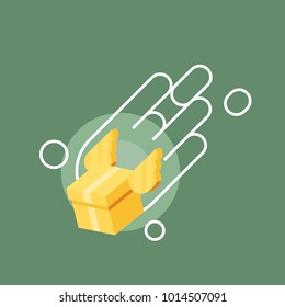 Fast delivery. Sending parcel. Obtaining order. The box flying on wings flat vector illustration