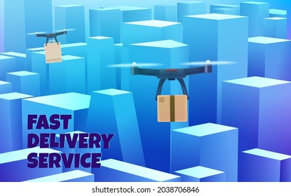 Fast delivery servica concept. Flying modern copters flying in big city