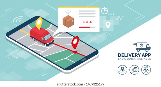 Fast delivery service app: isometric van delivering a box and order tracking on a smartphone, logistics and technology concept