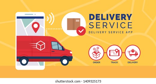 Fast delivery service app on smartphone with delivery van, logistics and technology concept