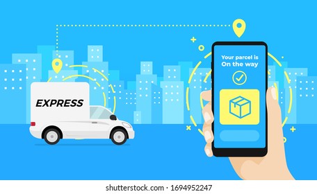 Fast delivery service app on smartphone. Hand holding a smartphone and checking the status of the parcel delivery car.