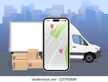 Fast delivery service app on your smartphone: parcel van with boxes and cell phone, on-screen map to track your order, with the city as a backdrop