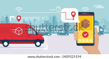 Fast delivery service app on smartphone: van delivering a box and man tracking an order using his smartphone, city street in the background, logistics and technology concept
