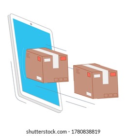 Fast delivery service boxes flying out of the phone vector illustration cartoon flat design modern style 