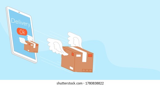 Fast delivery service boxes flying out of the phone vector illustration cartoon flat design modern style 