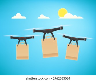 Fast delivery service by drones. Flying modern copters with paper shopping bags