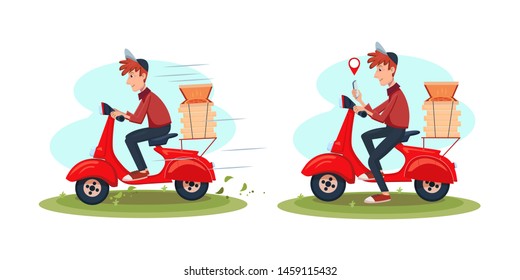 Fast Delivery service by scooter with courier. Vector cartoon man character illustration riding scooter with pizza boxes. Delivery man with mobile phone