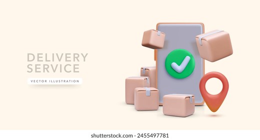 Fast delivery service concept in 3d realistic style with phone, parcel, pointer. Vector illustration