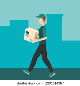 Fast Delivery Service Concept Flat Vector Illustration. Marketplace With Delivery Service Concept. Stay Home. Parcel Delivery. Transport Company Service For Large And Small Business.