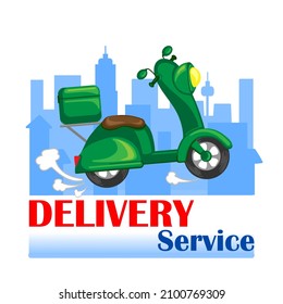 Fast delivery service concept. Food delivery and courier services. Green courier moped. Advertise restaurants, cafes, shops. Ready  shipping logo