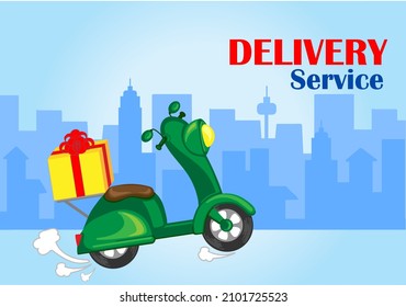 Fast delivery service concept. Food delivery and courier services. Green courier moped on the background of the city with a gift. Advertise restaurants, cafes, shops. Ready-made delivery logo 
