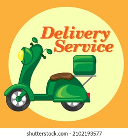 Fast delivery service concept. Food delivery and courier services. Green courier moped on an orange background. Advertise restaurants, cafes, shops. Ready-made delivery logo 
