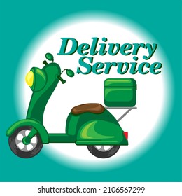 Fast delivery service concept. Food delivery and courier services. Green courier moped on a turquoise background. Advertise restaurants, cafes, shops. Ready-made delivery logo