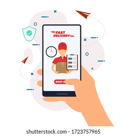Concepto de servicio de entrega rápida, Mano sosteniendo una aplicación de teléfono inteligente abierta, Dibujo de imagen vectorial Ilustración aislada en fondo blanco.