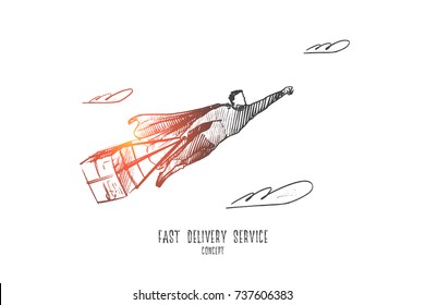 Fast delivery service concept. Hand drawn superhero shipping a parcel. Deliverer holding a box isolated vector illustration.