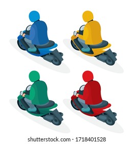 Fast delivery service concept illustration. Takeaway delivery boy on scooter with thermal food case. Isometric vector illustration. Top and side view. Part of set.