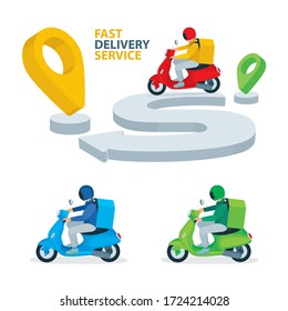 Fast delivery service concept isometric vector illustration. Distance between start and end maps marker pins, delivery service couriers and stopwatch. Part of set.
