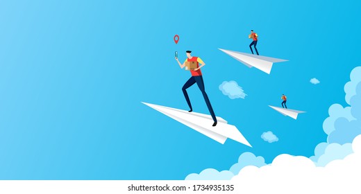 Fast delivery service concept with delivery man on white paper plane delivers the packages and mobile application landing page background.Vector illustration.