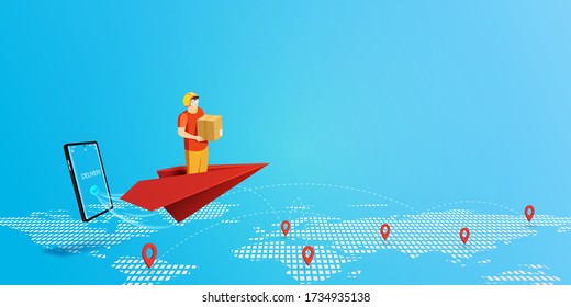 Fast delivery service concept with delivery man on red paper plane fly through the smartphone and mobile application landing page background.Vector illustration.