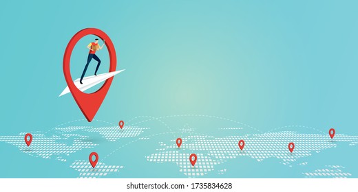 Concepto de servicio de entrega rápida con el repartidor en el plano de papel blanco vuela a través del fondo de la página de aterrizaje de la aplicación móvil y de navegación por el pasador rojo.Ilustración vectorial.