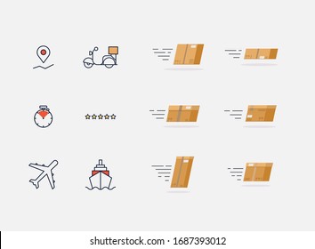 Fast delivery service concept. Set of speed delivery boxes flying. Vector illustration. 