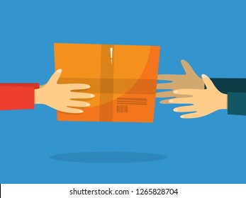 Fast delivery service. Courier with box gives parcel to man. Logistic concept. Vector illustration in cartoon style