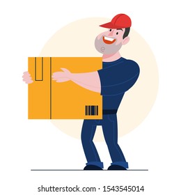 Fast delivery service. Courier with box. Male character. Logistic concept. illustration in cartoon style