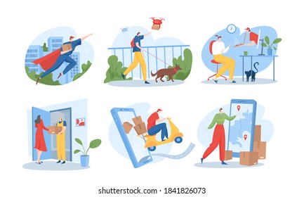 Fast delivery service or courier service concept, set of vector illustration. Man delivering box. Happy family receiving ready meal at home using smartphone app, deliveryman is carrying bag.