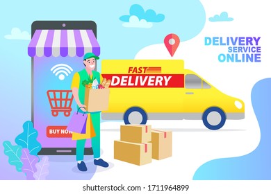 Schnelles Lieferservice-Design für mobile App. Online Delivery Service Flachdesign-Banner-Konzept für digitales Marketing. 