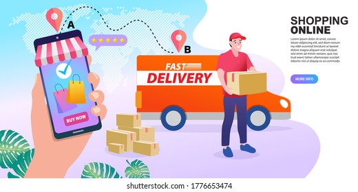 Fast Delivery service design concept for mobile app. Online Delivery Service flat design banner illustration concept for digital marketing. 