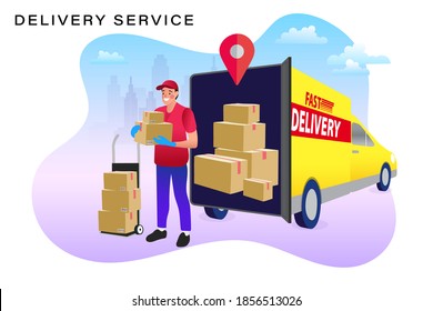 Fast Delivery service design concept for mobile app. Online Delivery Service flat design banner illustration concept for digital marketing.

