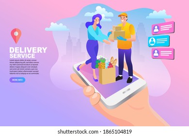 Fast Delivery service design concept for mobile app. Online Delivery Service flat design banner illustration concept for digital marketing.
