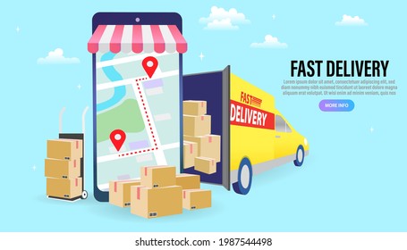 Fast Delivery service design concept for mobile app. Online Delivery Service flat design banner illustration concept for digital marketing. Internet e-commerce. Vector
