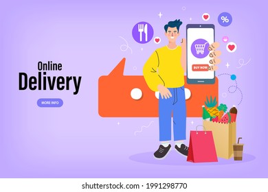 Concepto de diseño de servicio de entrega rápida para aplicaciones móviles. concepto de marketing digital. Concepto de ilustración vectorial para entrega de comestibles, pedidos online de alimentos aislados en un entorno elegante
