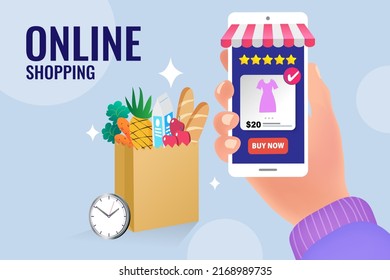 Fast Delivery service design concept for mobile app. Online Delivery Service flat design banner illustration concept for digital marketing. Shopping by phone.