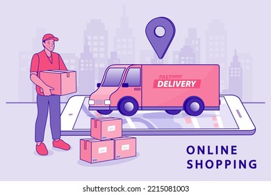 Fast Delivery service design concept for mobile app. Online Delivery Service flat design banner illustration concept for digital marketing. 