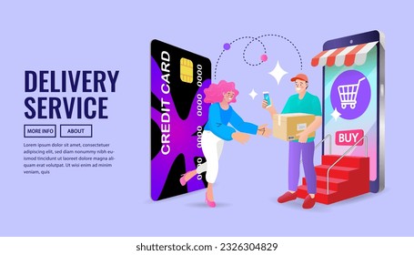 Fast Delivery service design concept for mobile app. Online Delivery Service flat design banner illustration concept for digital marketing. Smartphone, app, courier and cargo van. prepayment of goods.