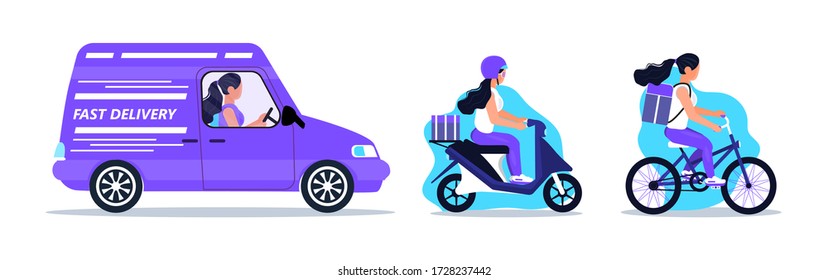 Fast Delivery Service Door To Door. Food Delivery And Online Order Concept Vector For App. Caucasian Woman Is Riding Bicycle And Carrying Box With Restaurant, Cafe Meal. Courier Is Driving Motorbike.