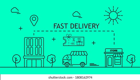 Fast delivery service door to door. Food delivery and online order concept vector for app, web. Van route linear icon from store to home, office.