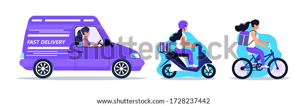 Fast delivery service door to door. Food\
delivery and online order concept vector for app. Caucasian woman\
is riding bicycle and carrying box with restaurant, cafe meal.\
Courier is driving\
motorbike.