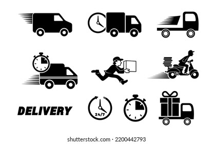 Elementos de servicio de entrega rápida. Iconos de transporte de camiones y mensajeros de envío urgente, entrega de transporte de corredores de comida en movimiento