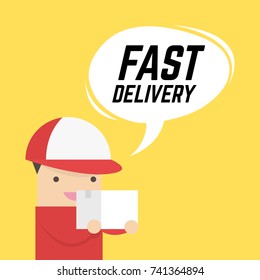 Fast delivery Service. Express delivery courier service. Man courier with box in his hands. Vector
