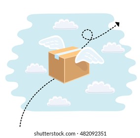 Fast delivery service flat vector illustration. Parcel with wings flies in sky among clouds.