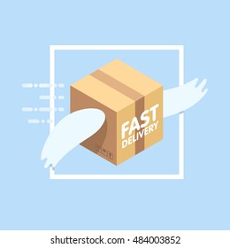 Fast delivery service flat vector illustration. Parcel with wings flies in sky among clouds.