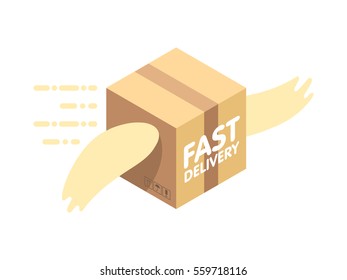 Fast delivery service flat vector illustration. Parcel with wings flies in sky among clouds.