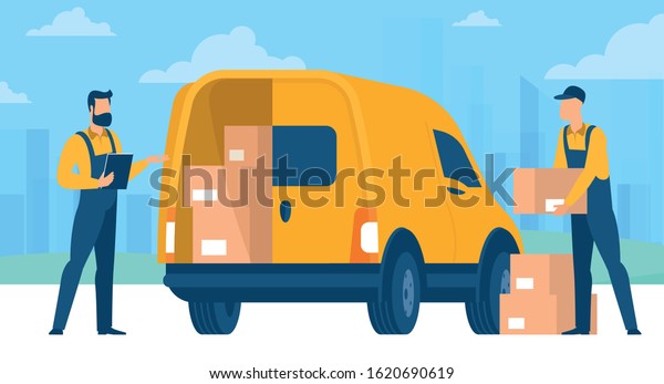 Fast delivery service. Flet design vector concept\
of online retail and store delivery for mobile apps and websites\
with delivery car and\
stuff.