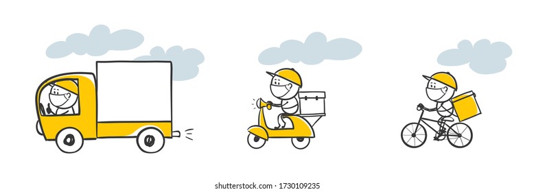 Fast delivery service. Delivery of goods by truck, scooter, bicycle, delivery man in a mask, set vector illustration.	